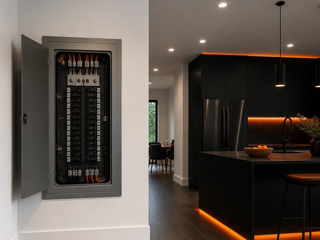 New electrical panel and finished modern kitchen after renovation