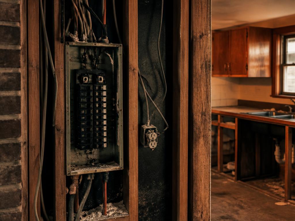 Old electrical panel and unfinished kitchen before renovation