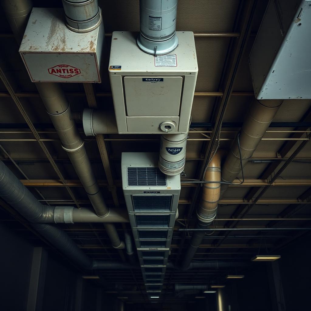 Old warehouse HVAC ducts and units before replacement