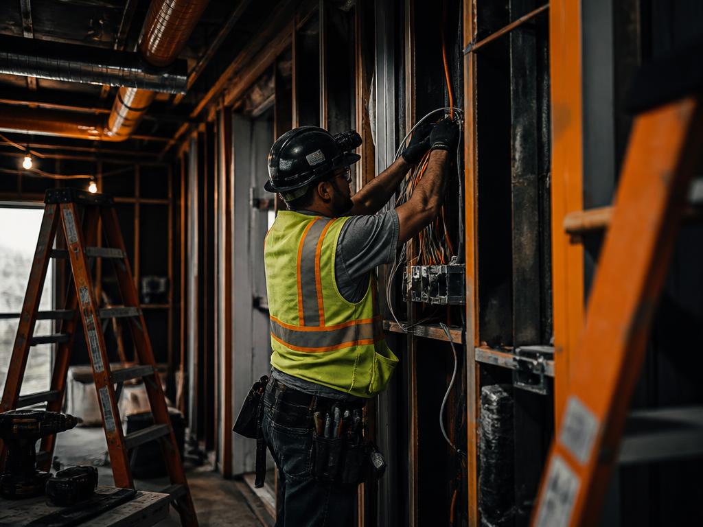 Electrician installing new wiring during the renovation